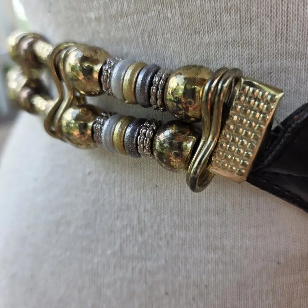 Vintage Boho Gold Beaded Belt | Metallic Gray & Silver Accent Beads
